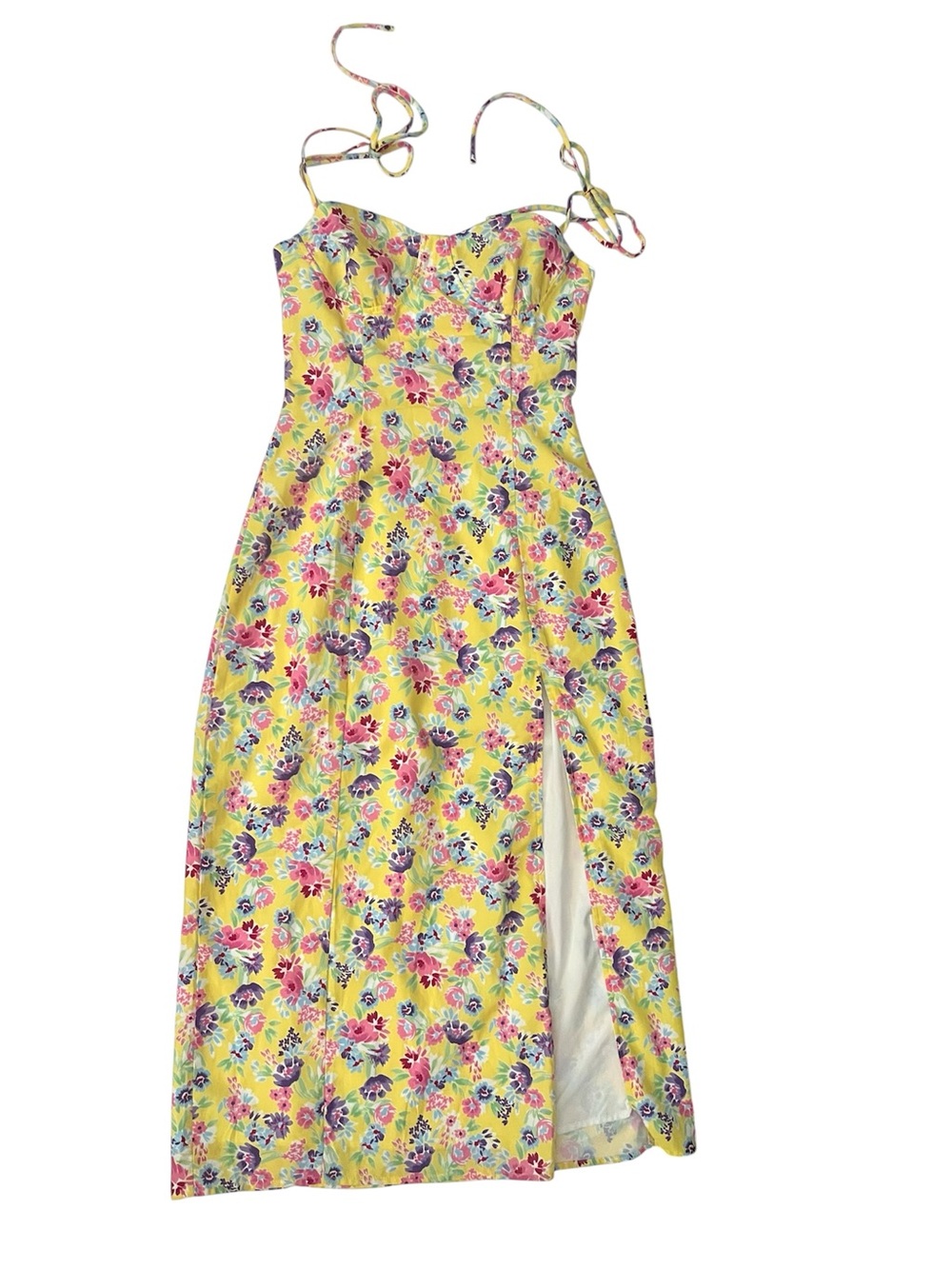 Beginning Boutique Yellow Floral Midi Dress with Side Slit size 6